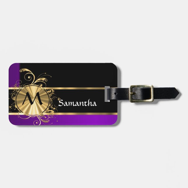 Purpurfärgad guld- och svartmonogram bagagebricka (Horisontell Framsida)