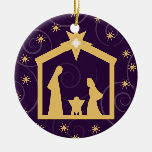 Purpurfärgad majestätjuljulkrubba julgransprydnad keramik (Framsidan)