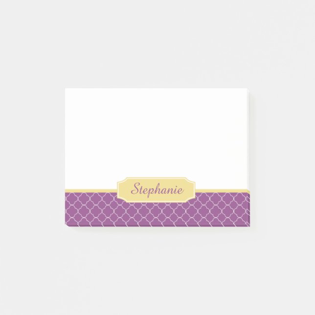 Purpurfärgad och guld- Quatrefoil Monogram Post-it Block (Framsida)