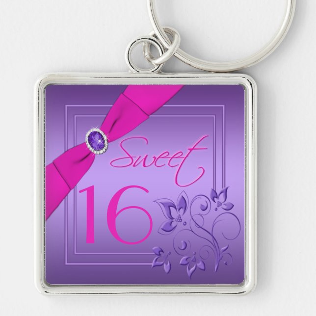 Purpurfärgad och rosa blom- sweet sixteen Keychain Fyrkantig Silverfärgad Nyckelring (Framsidan)