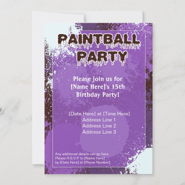 Purpurfärgad Paintballpartyinbjudan Inbjudningar (Framsida)