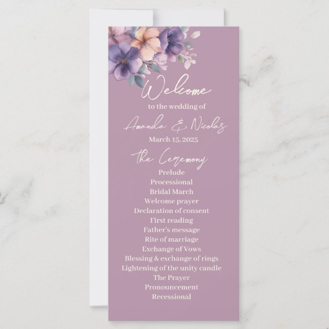 Purpurfärgad, rosa blommor på Bröllopsprogrammet (Framsida)