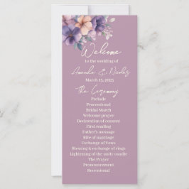 Purpurfärgad, rosa blommor på Bröllopsprogrammet
