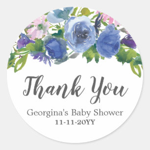 Purpurfärgad rosa tackbaby shower för blom- blå runt klistermärke