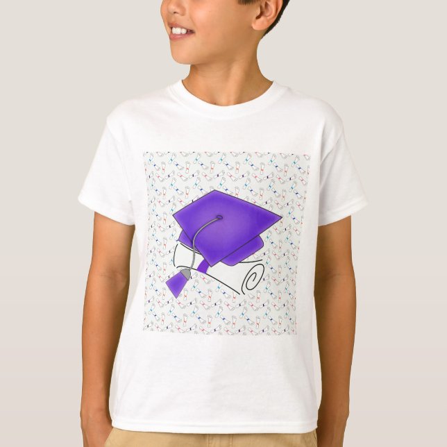 Purpurfärgad studentmössa & diplom, färgrika tee shirt (Framsida)