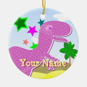Purpurfärgad tecknadDinosaurprydnad med namn Julgransprydnad Keramik