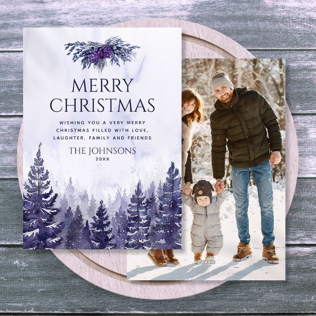 Purpurfärgad vattenfärgad trädskog Foto jul Julkort (Purple Watercolor Pine Tree Forest Photo Christmas Holiday Card
)