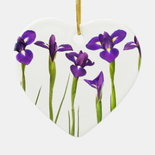 Purpurfärgade irises som isoleras på en julgransprydnad keramik