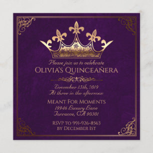 Purpurfärgade och guld- kungliga Quinceanera Inbjudningar