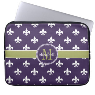 Purpurfärgade oliv grönt Vit Fleur de Lis Monogr Laptop Fodral
