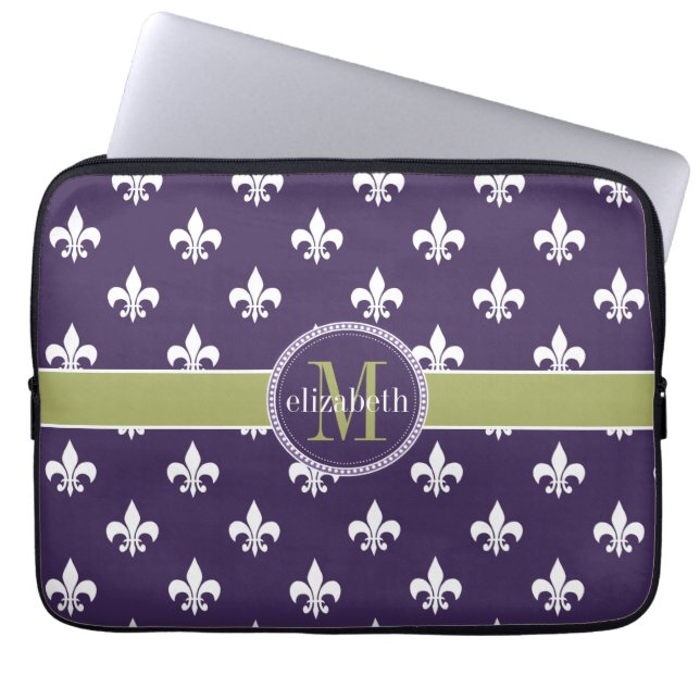 Purpurfärgade oliv grönt Vit Fleur de Lis Monogram Laptop Fodral (Framsidan)
