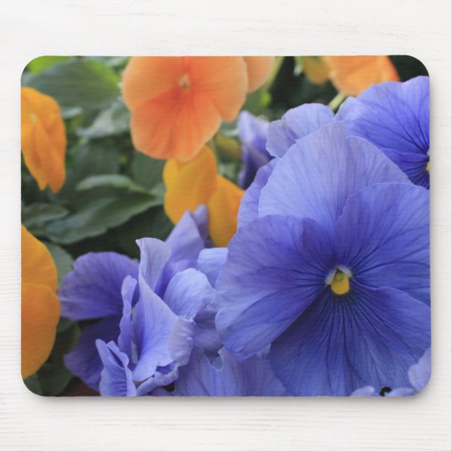 Purpurfärgade & orange Pansies med grönt blom- Musmatta (Framsidan)