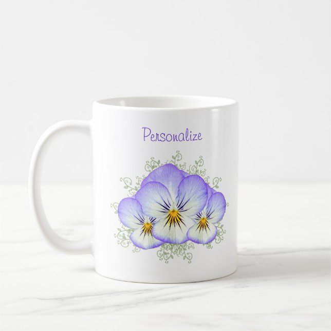 Purpurfärgade Pansies med namn Kaffemugg (Vänster)
