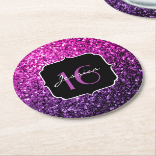 Purpurfärgade rosa Ombre glittersparkles söta 16 Underlägg Papper Rund
