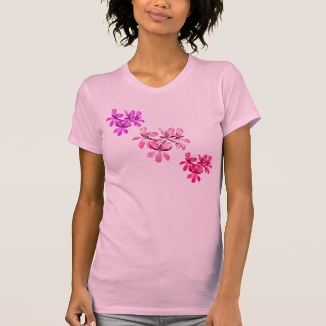 Purpurfärgade rosa röda blommapelargonkvinna tee shirt (Framsida)