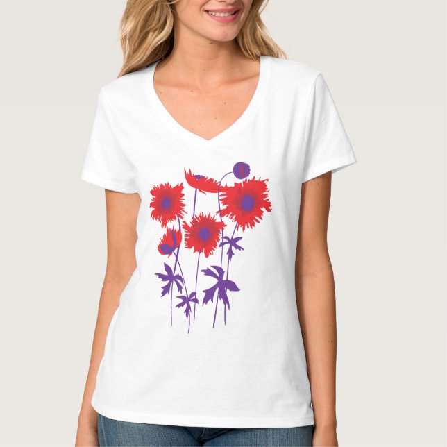 Purpurfärgade Stylized grafiska trasiga vallmor Tee Shirt (Framsida)
