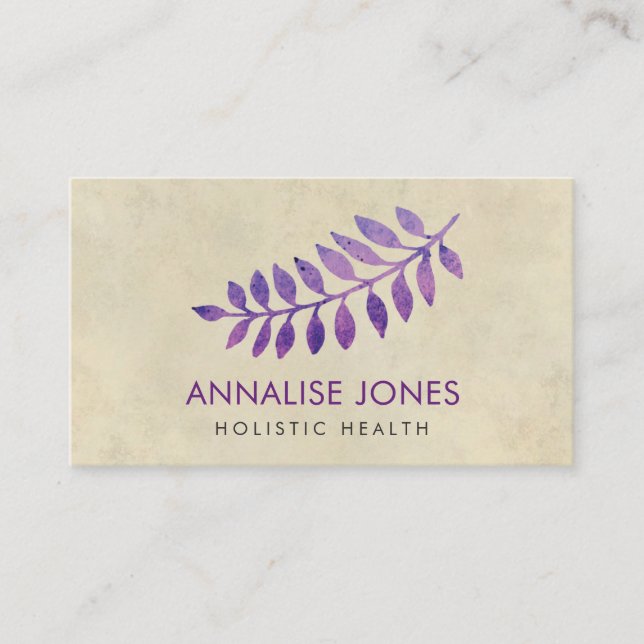 Purpurfärgade vattenfärglöv på vintagepapper visitkort (Framsida)