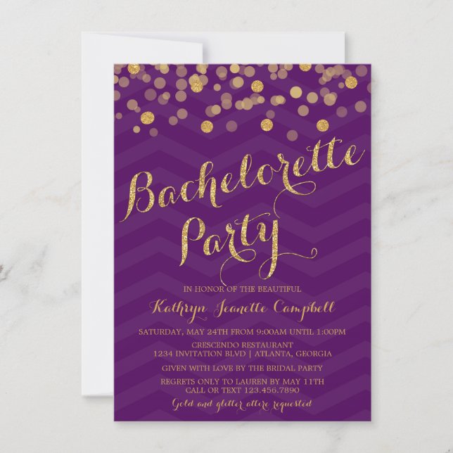 Purpurfärgat guld- glitterkonfettiBachelorette Inbjudningar (Framsida)