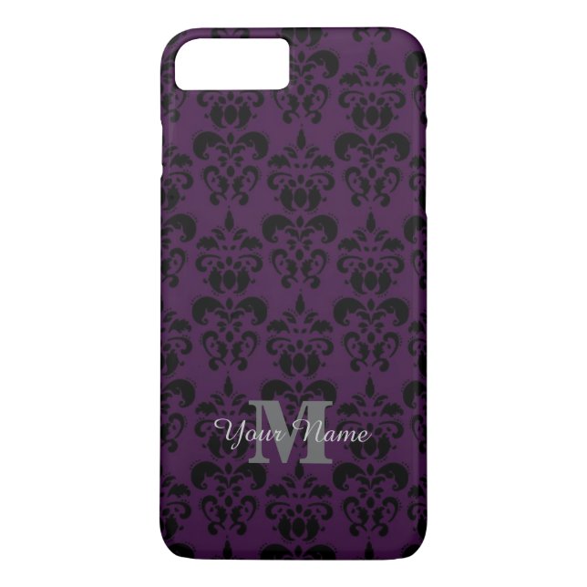 Purpurfärgat monogrammed damastast mönster Case-Mate iPhone skal (Baksida)