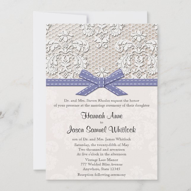 Purpurfärgat vintagesnöre och pärlaglamourbröllop inbjudningar (Framsida)