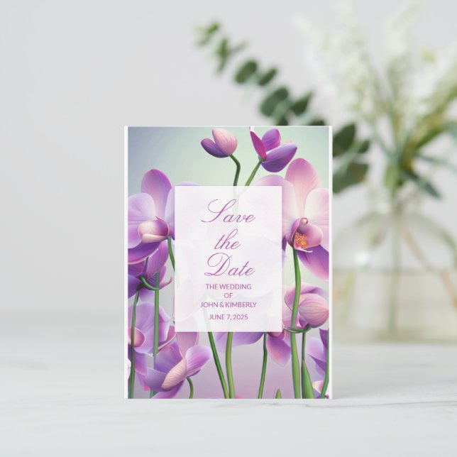 Purpurorkidéer Blommig Bröllop Sparadatum Postkort Meddelande Vykort (Stående Fram)