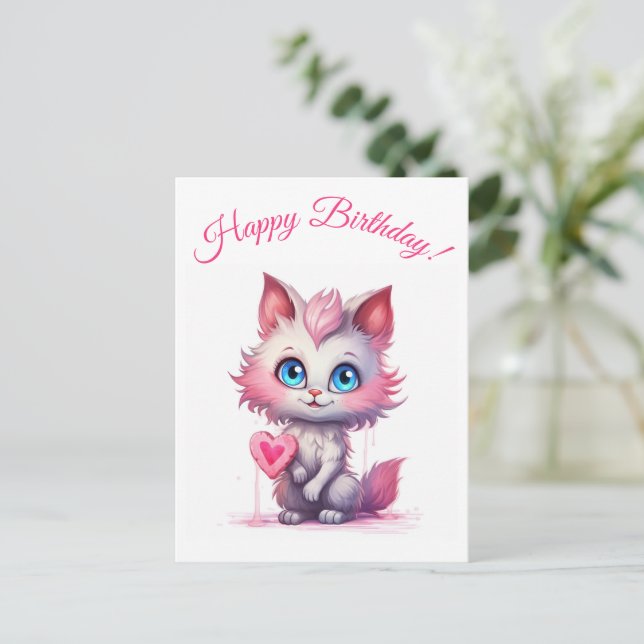 Purr Birthday Önskemål - Cute Kattunge Vykort (Stående Fram)