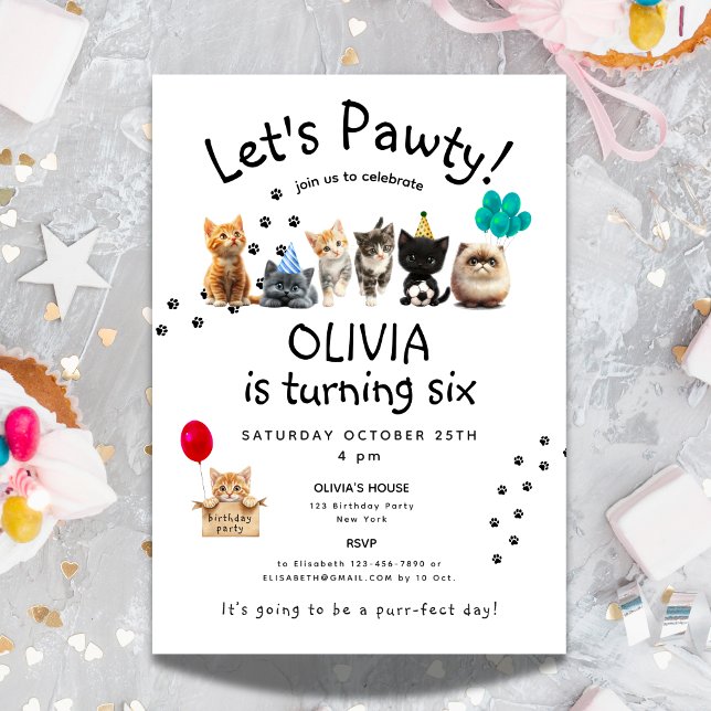 Purr Cat Birthday | Cute Kids Kitten Pawty Inbjudningar (Purr-fect Cat Birthday | Cute Kids Kitten Pawty Invitation)