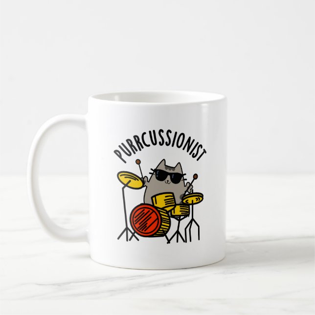 Purr-cussionist Funny Drummer Cat Pun Kaffemugg (Vänster)