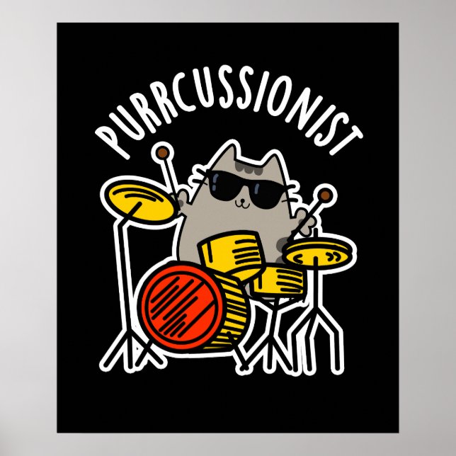 Purr-cussionist Funny Drummer Cat Pun Mörk BG Poster (Framsidan)