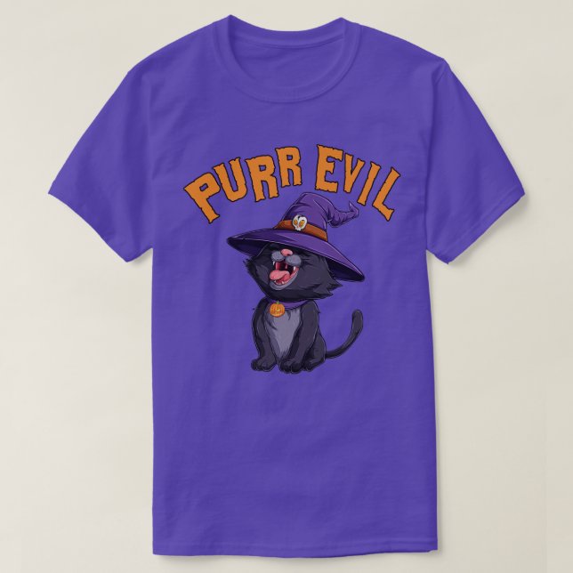 Purr Evil Halloween Laughing Black Cat Witch Hat T Shirt (Design framsida)