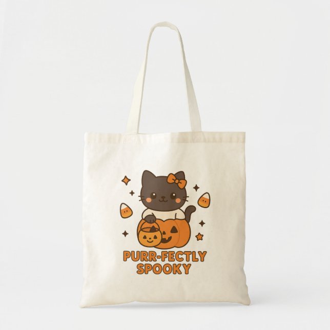 Purr-Fack Spooky Halloween Tote Bag Cute-pumpa Tygkasse (Framsidan)