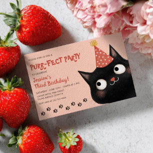 Purr-Fect Black Cat Rosa Kids’ Födelsedagsfest Inbjudningar