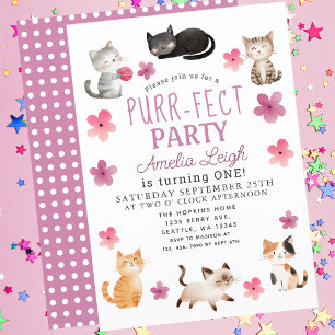 Purr-Fect Cute Cats Blommigt Girl 1 Birthday Inbjudningar