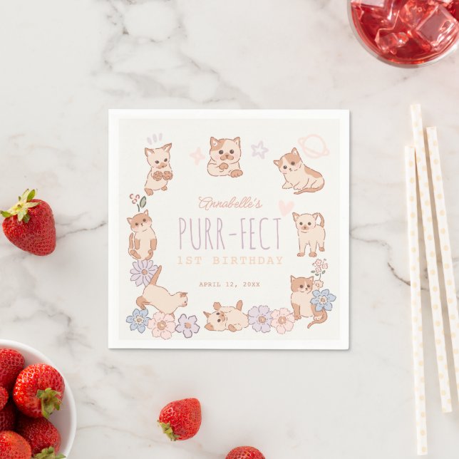 Purr-Fect Cute Cats Blommigt Girl 1 Birthday Pappersservett (Insitu)