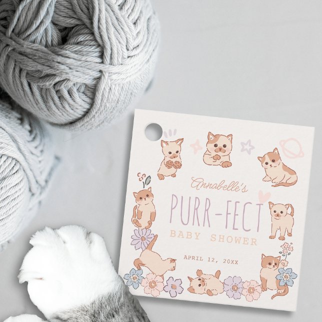 Purr-Fect Cute Cats Blommigt Girl Baby Shower Gåvor Etiketter (Skapare uppladdad)