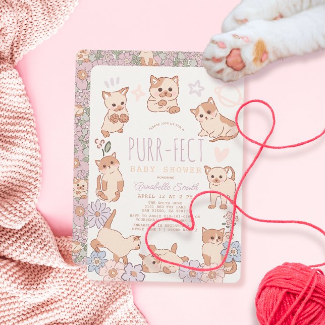 Purr-Fect Cute Cats Blommigt Girl Baby Shower Inbjudningar (Purr-fect Kitty Cat Baby Shower Invitation)