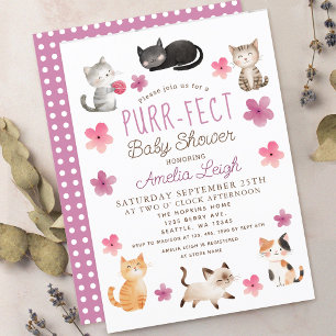 Purr-Fect Cute Cats Blommigt Girl Baby Shower Inbjudningar