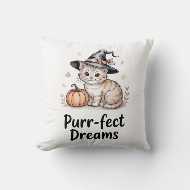 Purr-Fect Dreams Cute Cat med Pumpkin Halloween Kudde (Framsida)
