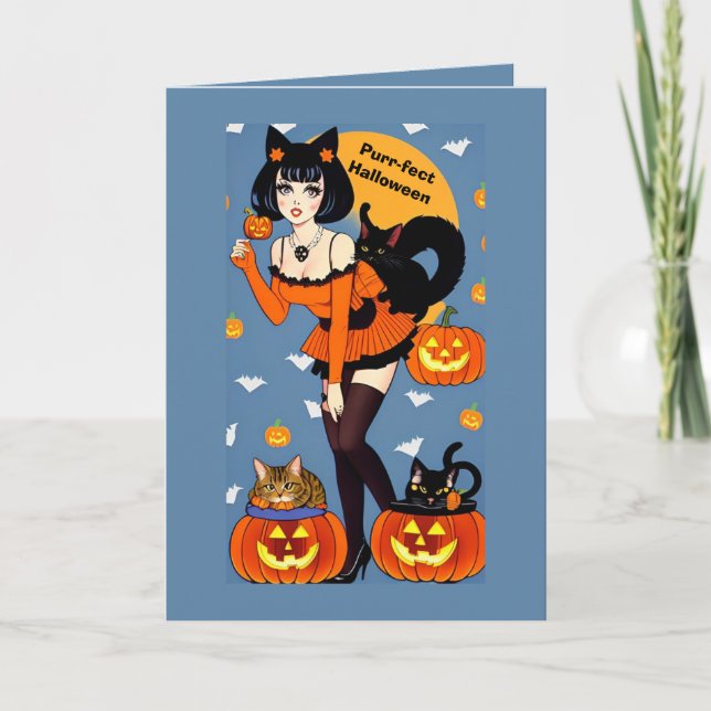 Purr-fect Halloween Hälsning med Cute Cats Dam Kort (Framsida)