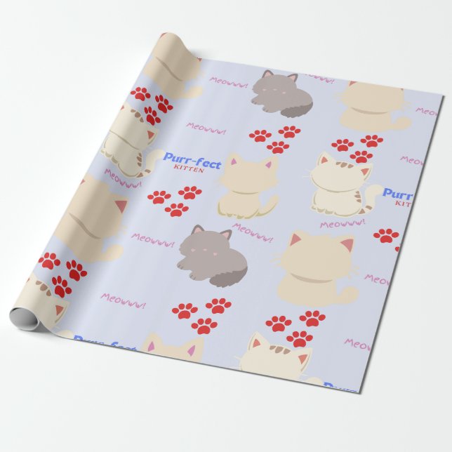 Purr-fect Kitten Cute Cats och Tass avtryck Presentpapper (Utrullad)