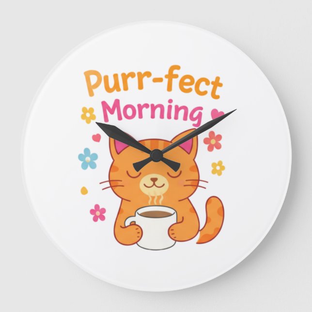 Purr-fect Morning Cat Coffee Mug – Cute Cat Lover  Stor Klocka (Framsida)