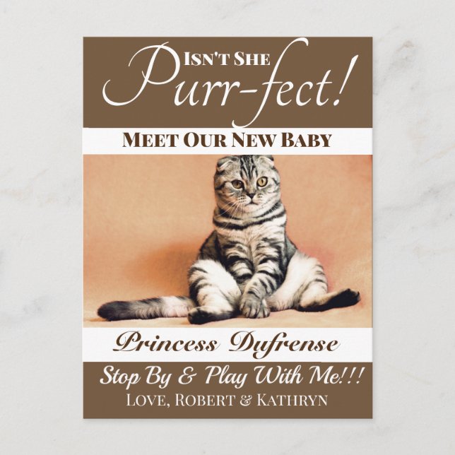 "Purr-fect" New Cat Announcement Brown Vykort (Framsida)
