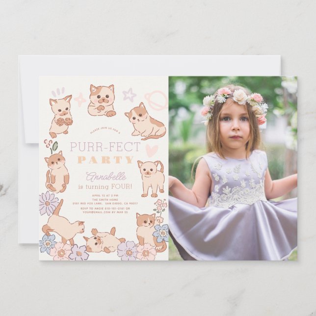 Purr-Fect Party Cats Blommigt Girl Birthday Photo Inbjudningar (Framsida)
