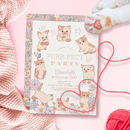 Purr-Fect Party Cute Cats Blommigt Girl 1 Birthday Inbjudningar