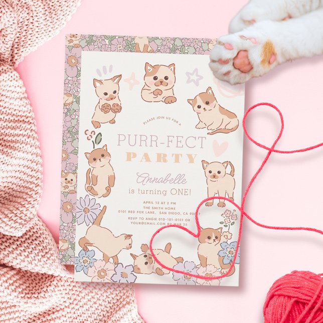 Purr-Fect Party Cute Cats Blommigt Girl 1 Birthday Inbjudningar (Skapare uppladdad)