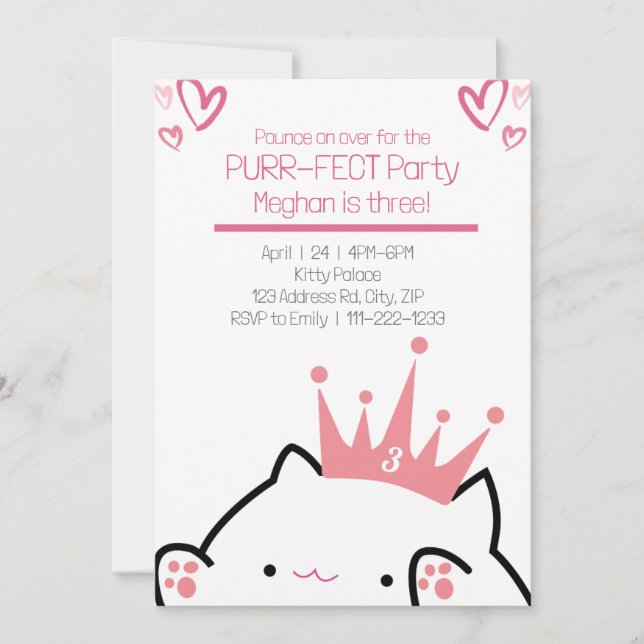 Purr-fect Princess Rosa Cat Girl Birthday Inbjudningar (Framsida)