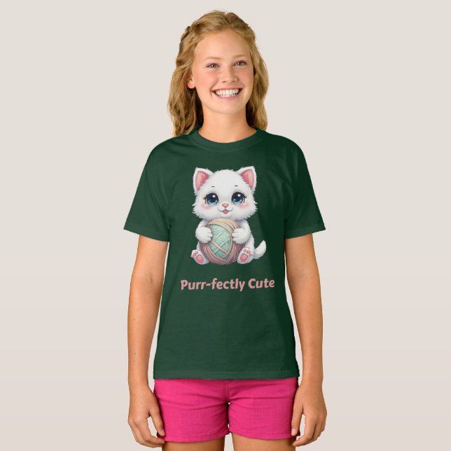 Purr‑fectly Cute Kawaii Cat With Yarn T Shirt (Hel framsida)