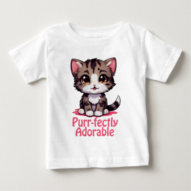 Purr-fekt Adorable Chibi Kawaii Kattunge i Rosa T Shirt (Framsida)