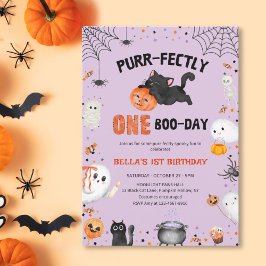 Purr-fekt en Boo-dags katt Halloween 1-års födelse Inbjudningar