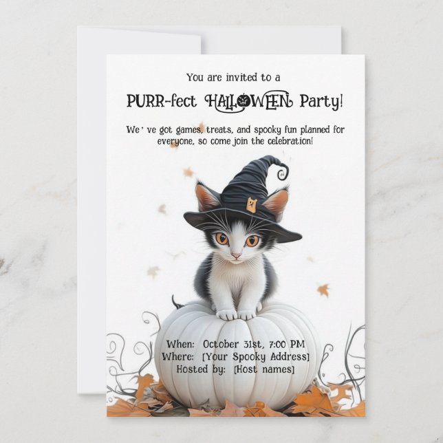 🐈 ‍ ⬛ PURR-fekt 🎃 Halloween fest Inbjudningar (Framsida)